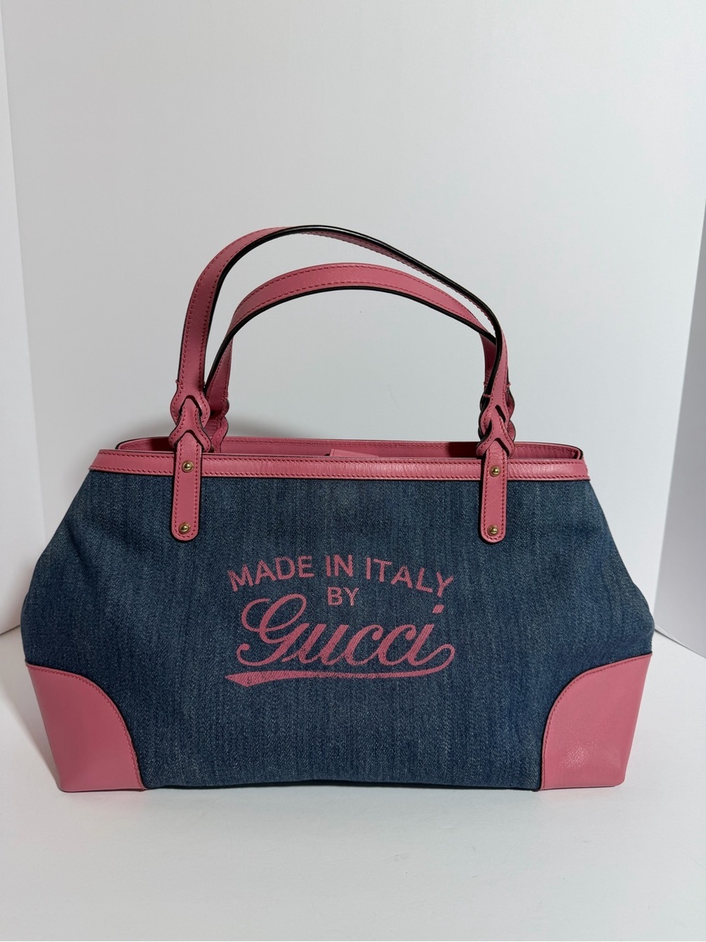 Gucci Denim Tote with Pink Leather Trim and Handles